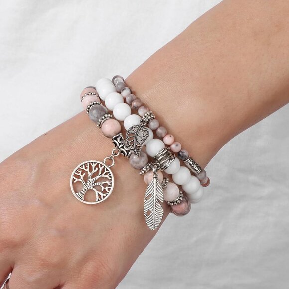 3PCS Charm-Pink Zebra Jasper Natural Stone Beaded Stretch Bracelet for Gifts - Picture 3 of 7